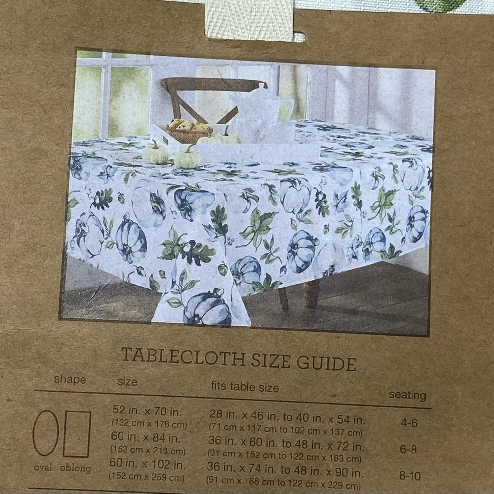 Fall Fabric Autumn Pumkin Tablecloth 60 in X 102 in White Green Blue Watercolor